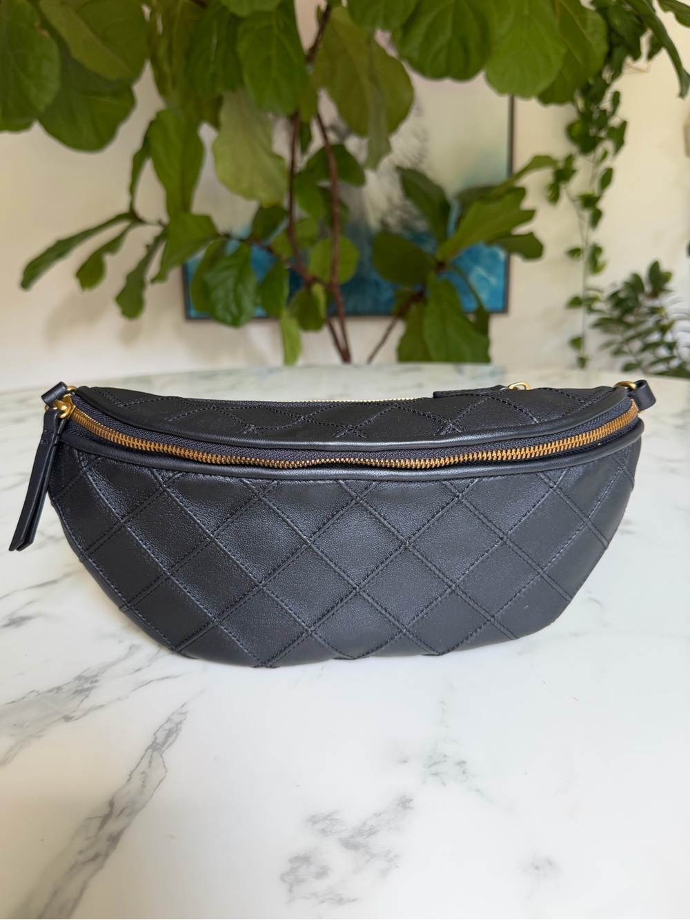 Quince Italian Leather Diamond Quilted Sling Bag in Black Belt Bag Crossbody